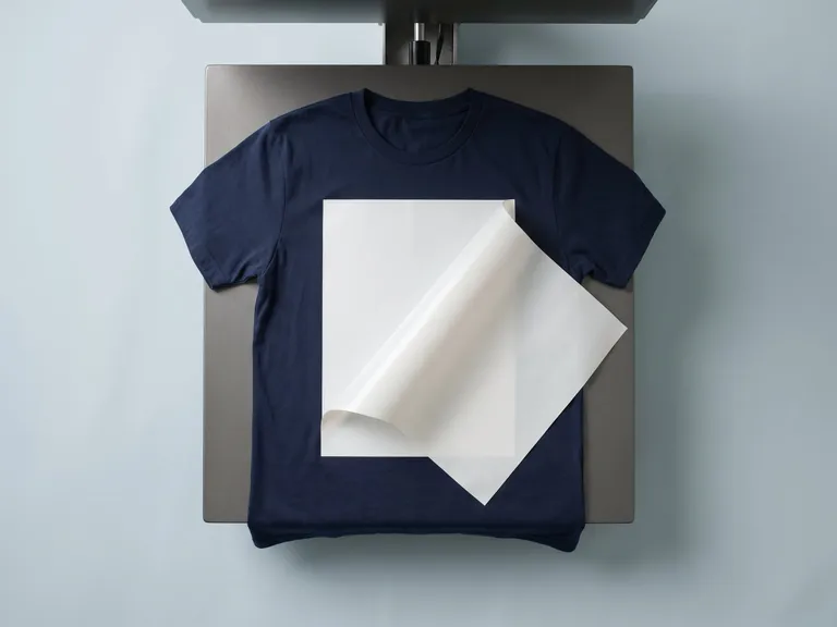 T-shirt blu sul piano di una pressa, con il foglio transfer per la stampa digitale