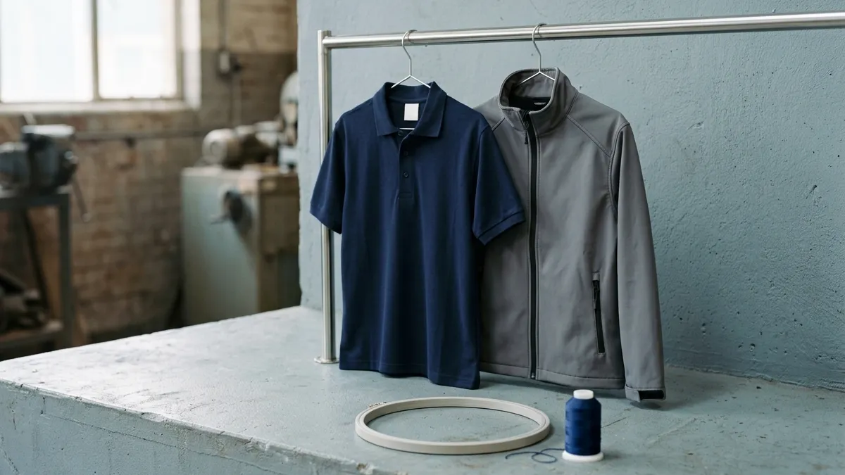 Polo blu e softshell grigio appesi in un laboratorio, con filo e telaio per il ricamo
