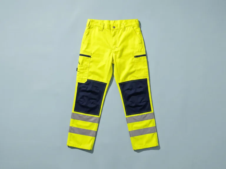 Pantaloni ad alta visibilità gialli con inserti blu e bande riflettenti