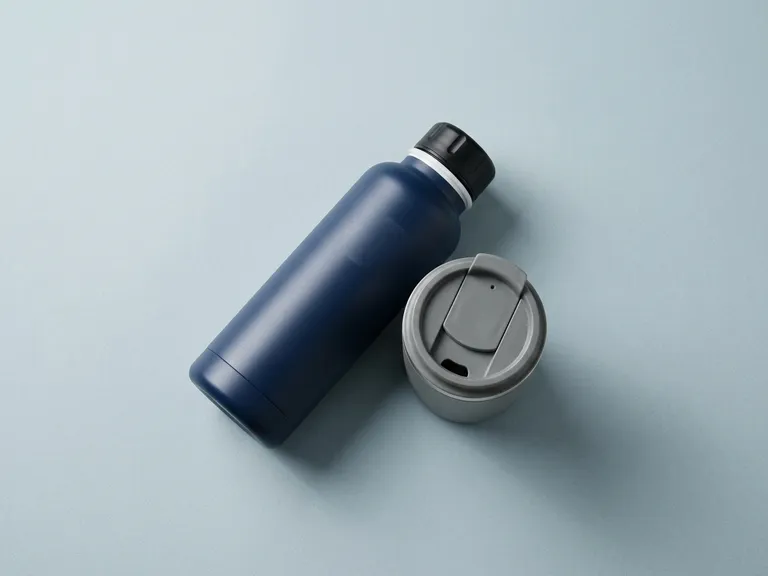 Borraccia termica blu e tazza termica grigia con coperchio