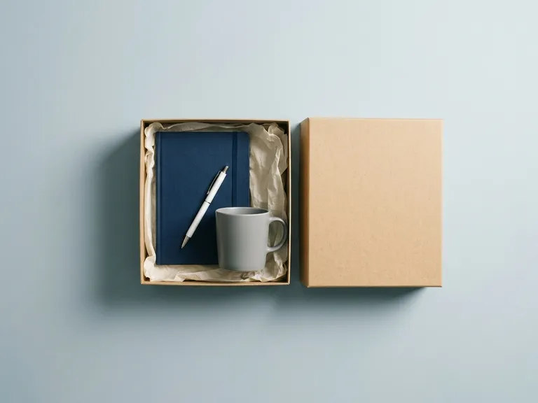 Scatola regalo aperta con quaderno, penna e tazza