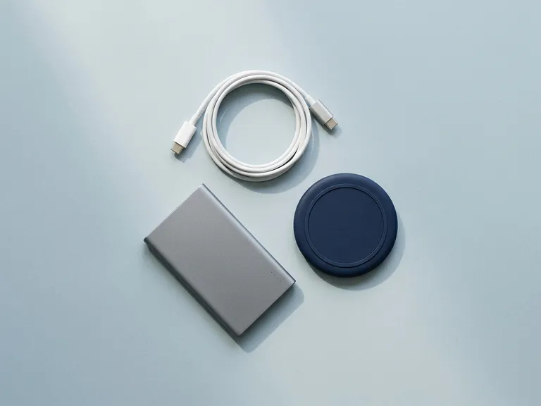 Power bank grigio, caricatore wireless blu e cavo USB bianco