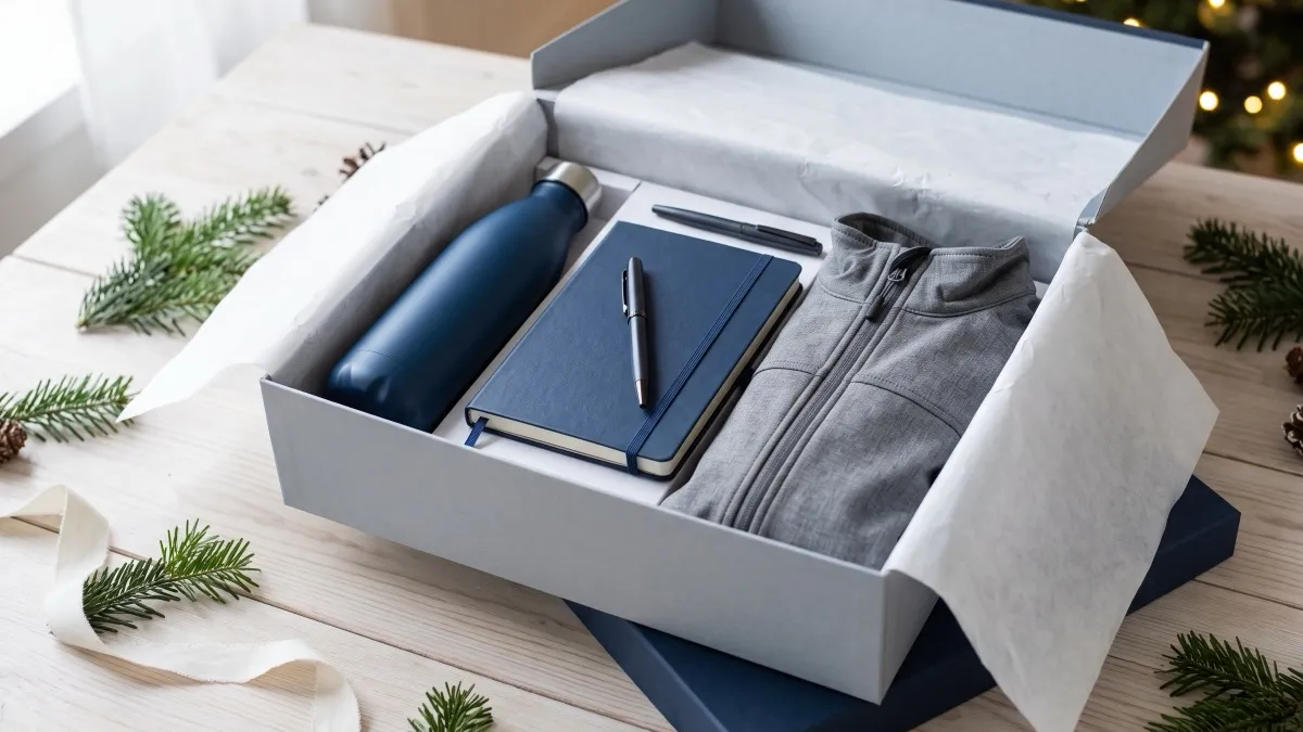 Confezione regalo aziendale di Natale con borraccia, agenda, penna e softshell