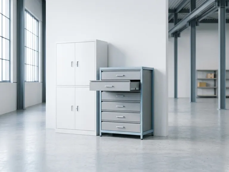 Armadio metallico e cassettiera da officina con un cassetto aperto