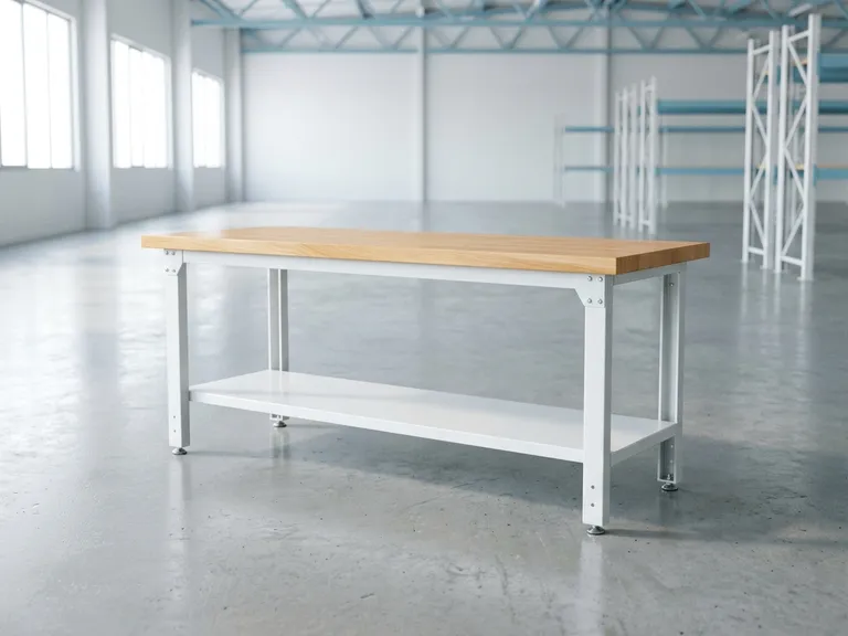 Banco da lavoro con piano in legno e struttura in metallo bianco
