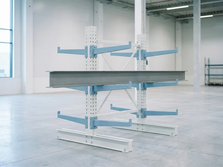 Scaffalatura cantilever azzurra con profilati metallici sui bracci