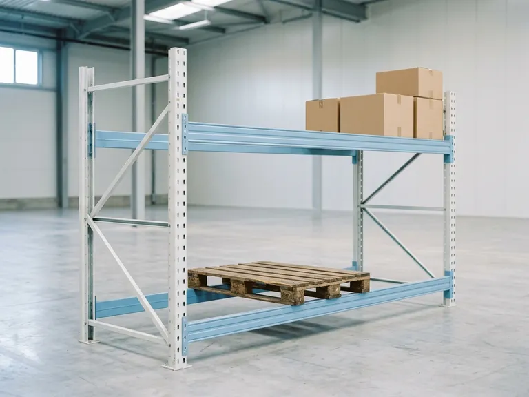 Scaffalatura portapallet azzurra con un pallet e scatole in un capannone