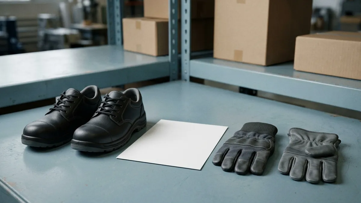 Scarpe antinfortunistiche, guanti e un foglio su un banco di magazzino