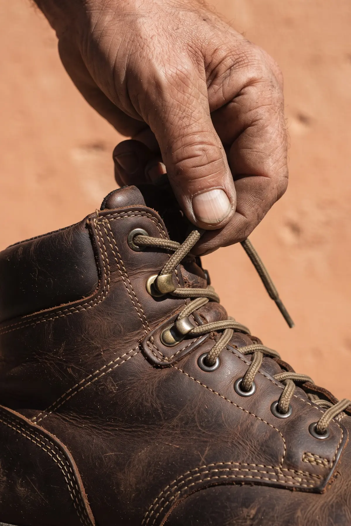 Allacciatura di una scarpa antinfortunistica in pelle